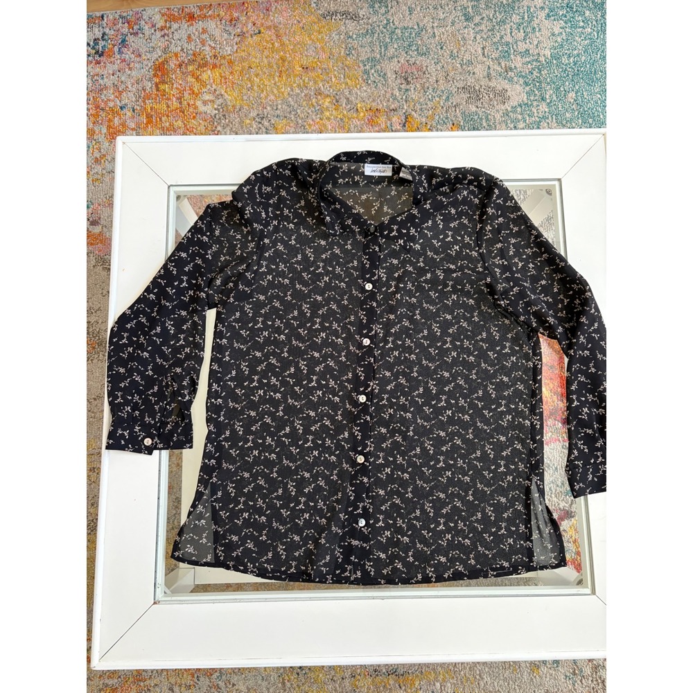 Lord & Taylor Womens Black Floral Button Down Blouse Long Sleeve Sheer Top L